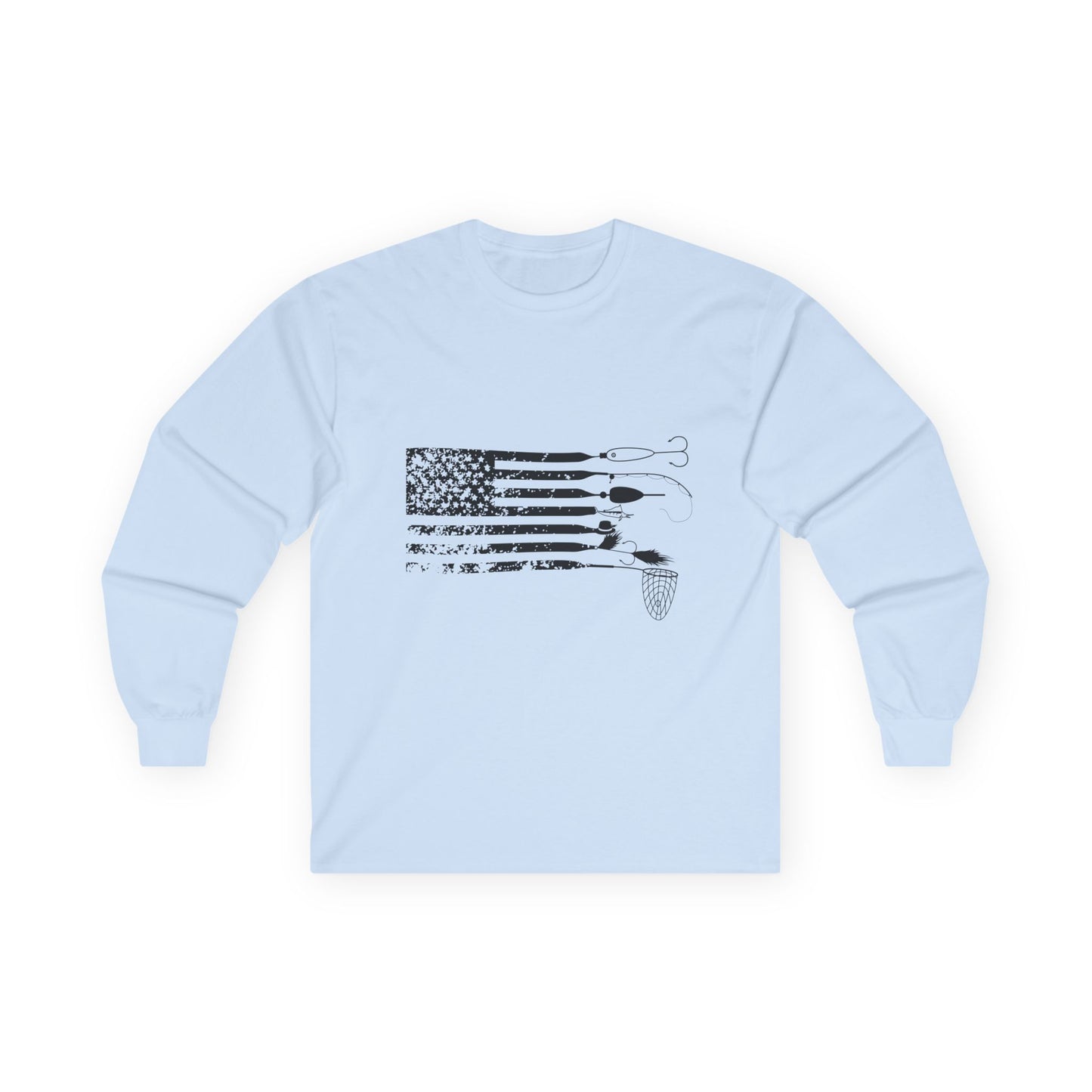 Angler American Flag — Distressed USA Lure Flag, Gildan Long Sleeve Tee