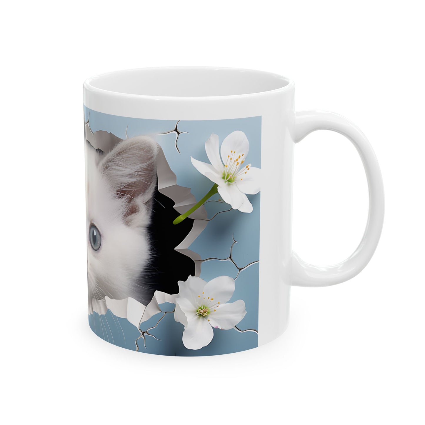 Cat Coffee Mug - Cute White Kitten Ceramic Mug, Blue, 11oz & 15oz