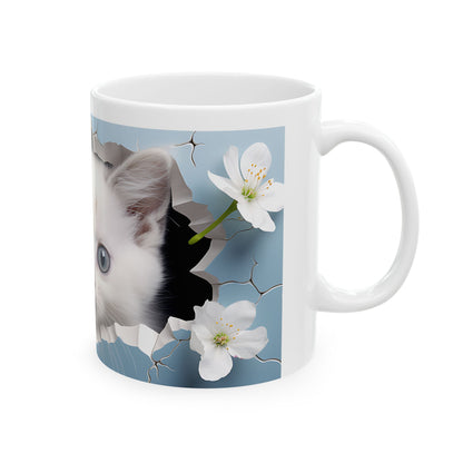 Cat Coffee Mug - Cute White Kitten Ceramic Mug, Blue, 11oz & 15oz