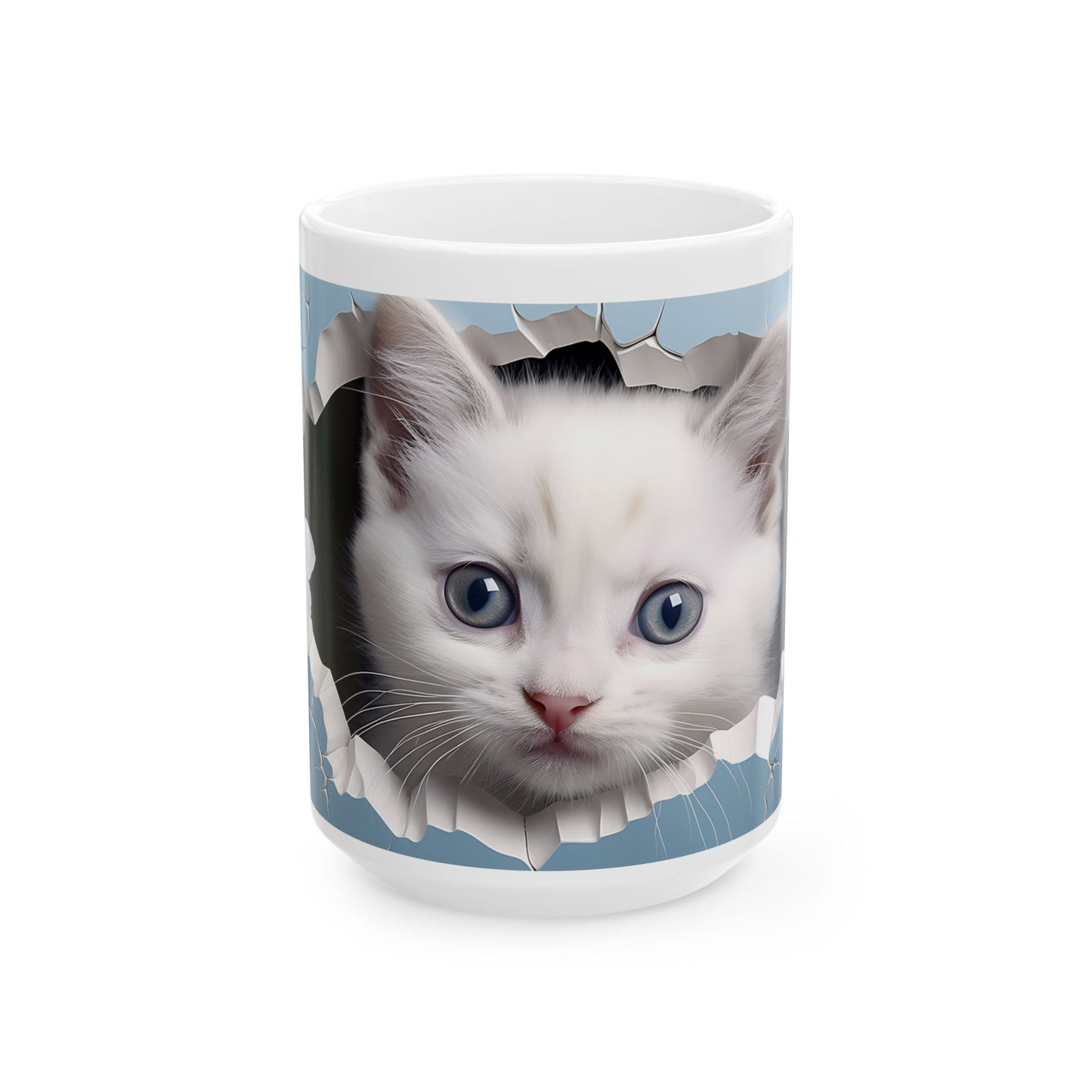 Cat Coffee Mug - Cute White Kitten Ceramic Mug, Blue, 11oz & 15oz