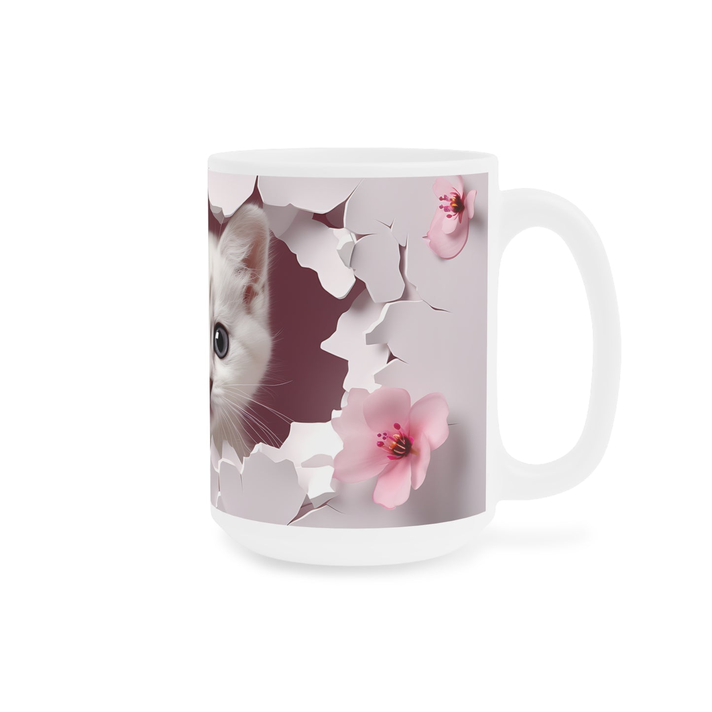 Cat Lover Coffee Cup- Cute Kitten Peeking Floral Ceramic Mug, Mauve (11/15/20oz)