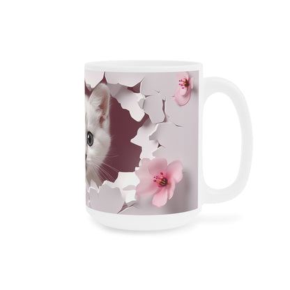 Cat Lover Coffee Cup- Cute Kitten Peeking Floral Ceramic Mug, Mauve (11/15/20oz)