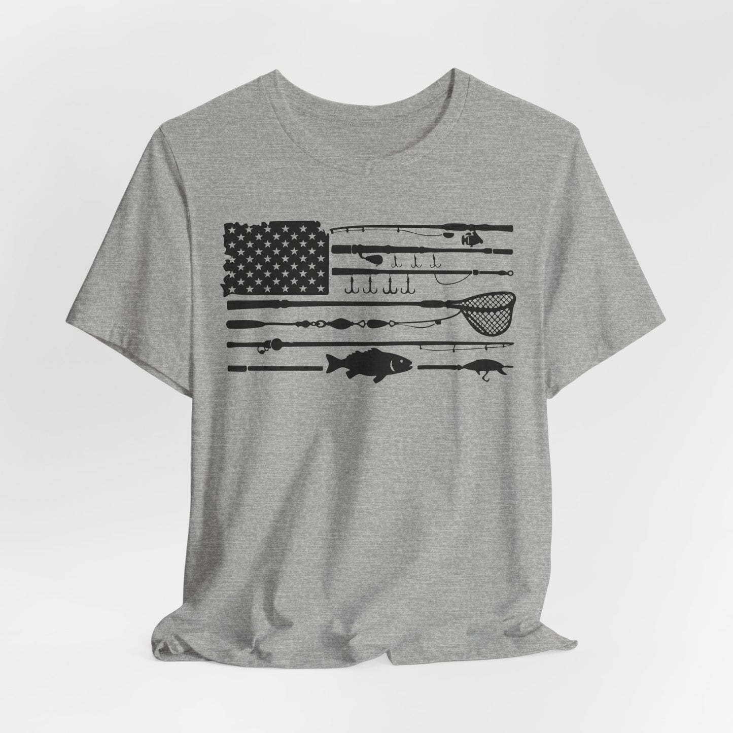 Fishing Gear American Flag T‑Shirt — Angler Rods & Lures Patriotic Tee