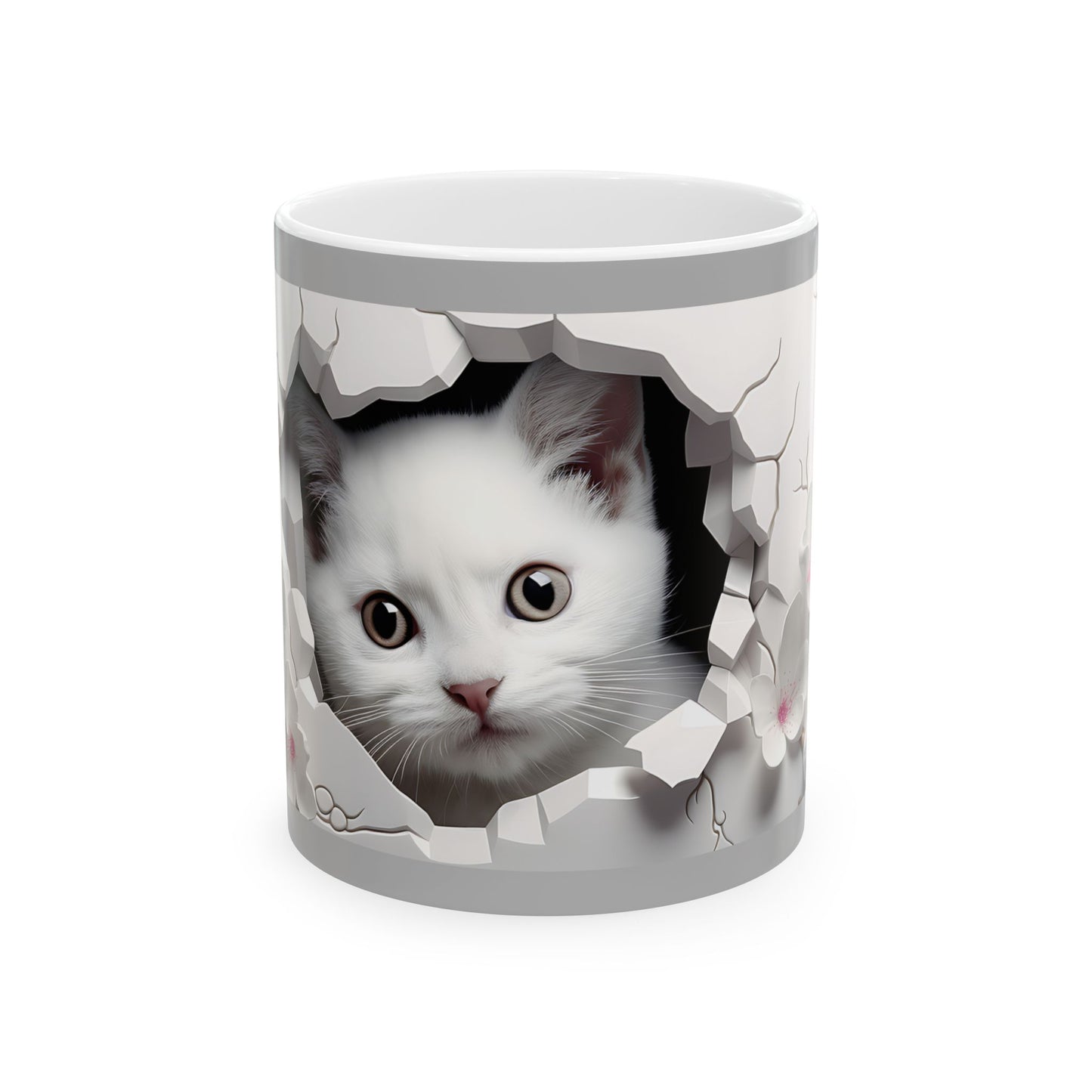 Peekaboo Kitten Ceramic Mug, Gray— Cute White Cat Coffee Cup (11oz, 15oz)
