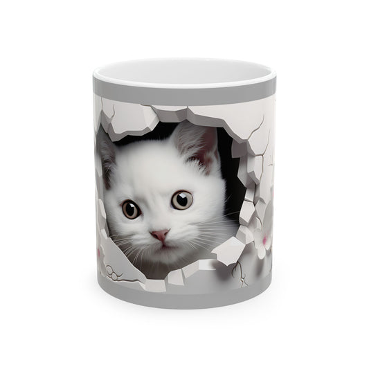 Peekaboo Kitten Ceramic Mug, Gray— Cute White Cat Coffee Cup (11oz, 15oz)
