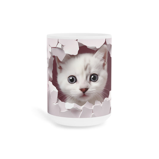 Cute Kitten Peeking Floral Ceramic Mug, Mauve — Cat Lover Coffee Cup (11/15/20oz)