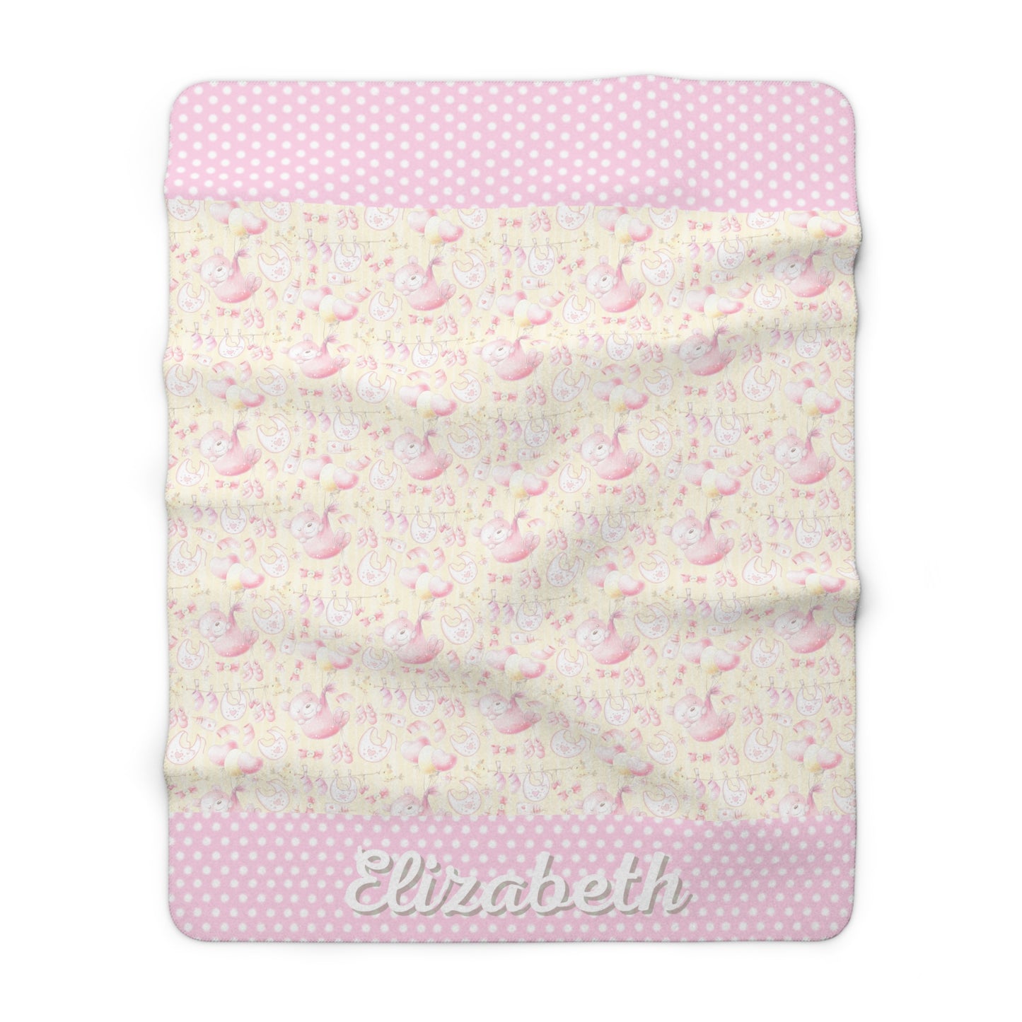 Girls Pink Blanket Personalized, with Polka Dot Trim, and whimsical Teddy Bears and Balloon's, Yellow Backing