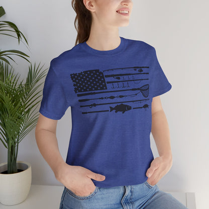 Fishing Gear American Flag T‑Shirt — Angler Rods & Lures Patriotic Tee
