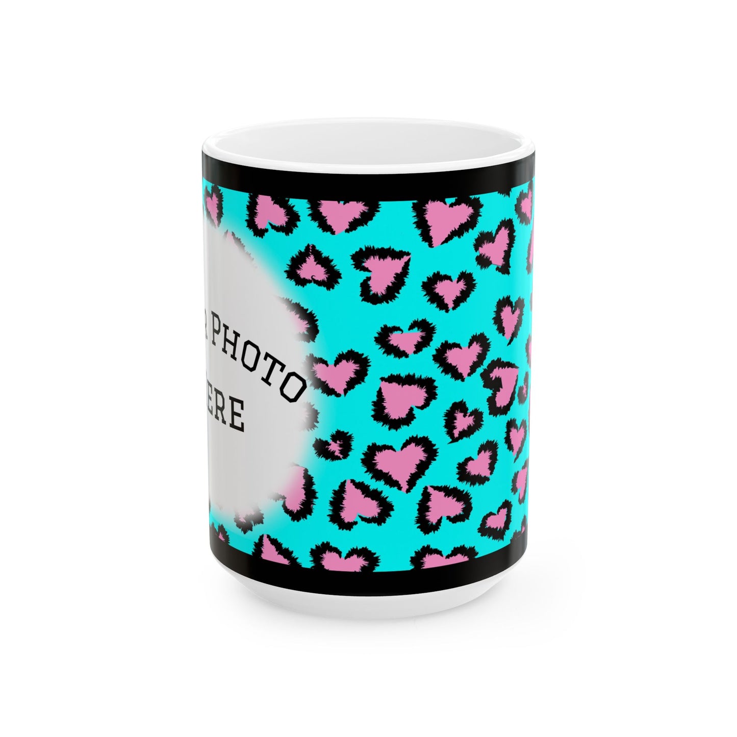 Personalized Turquoise Pink Leopard Heart Photo Mug (11oz/15oz)