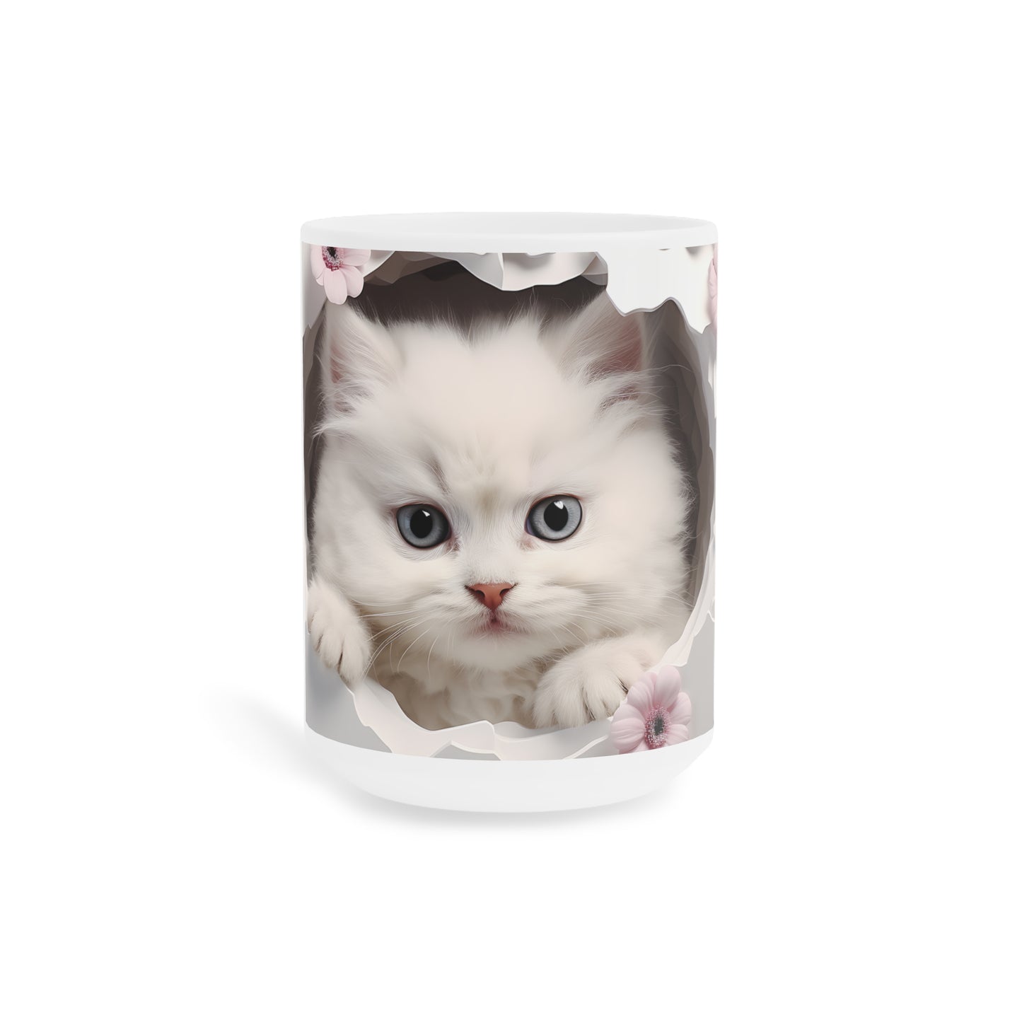 Cute White Kitten Ceramic Mug, Pink & Brown — Floral Peek-A-Boo Coffee Cup (11/15/20oz)