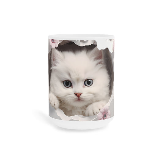 Cute White Kitten Ceramic Mug, Pink & Brown — Floral Peek-A-Boo Coffee Cup (11/15/20oz)