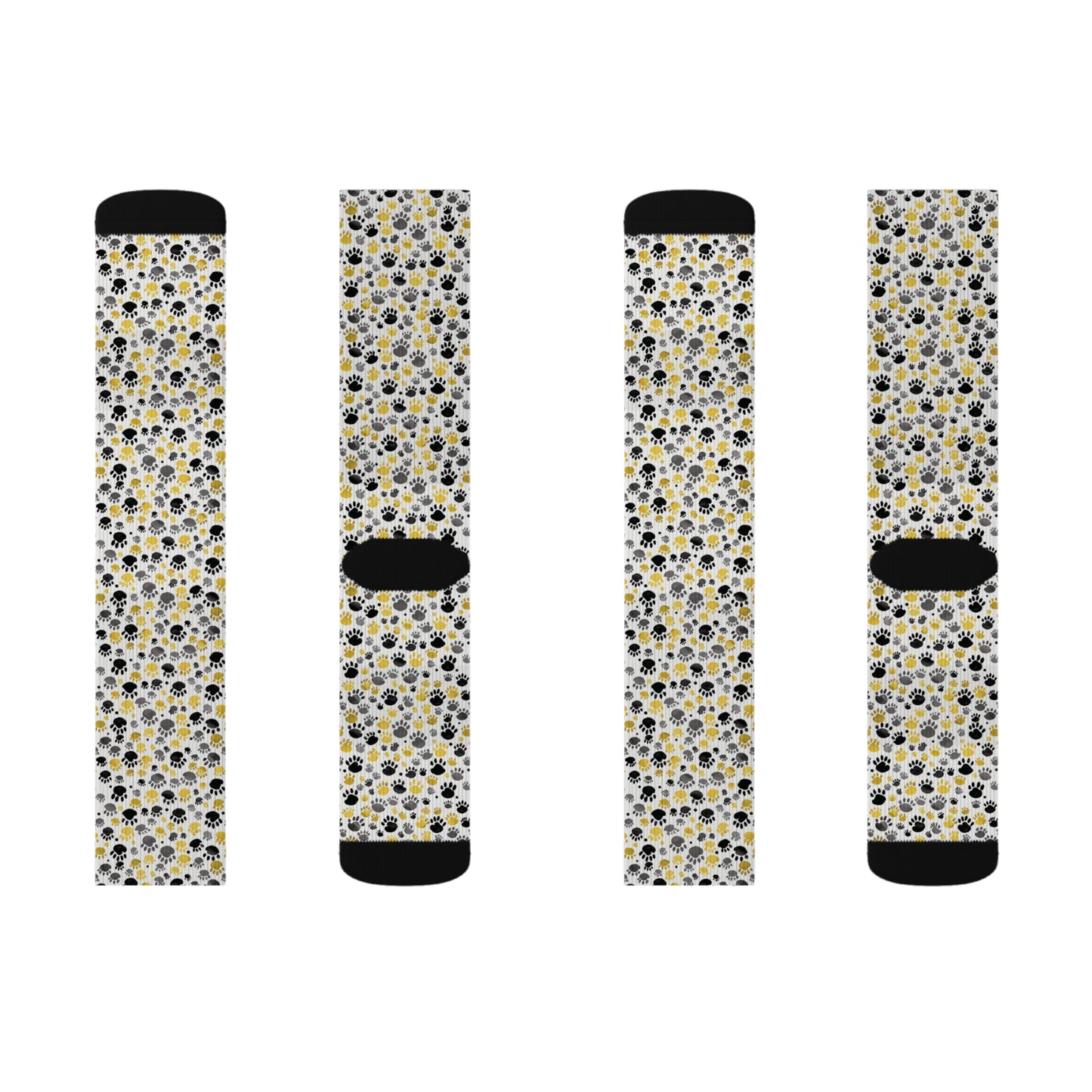 Paw Print Socks, Cute Stylish Animal Print Socks, White Backing with Black, Yellow, Gray Paw Print Pattern, 3 Sizes Available