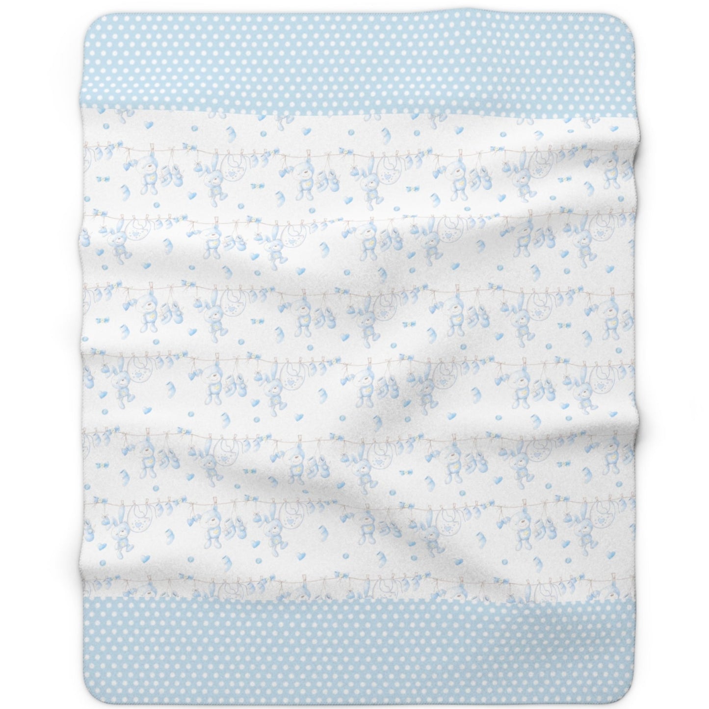 Child's Blanket Bears and Bunny Rabbits, Blue, Polka Dot Trim