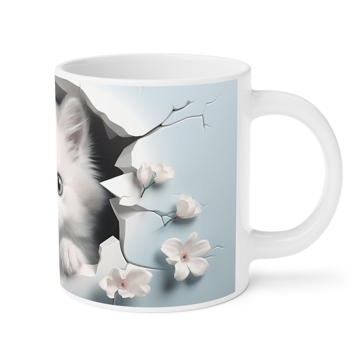 Cat Coffee Cup - Kitten & Cherry Blossom Ceramic Mug, Baby Blue (11/15/20oz)