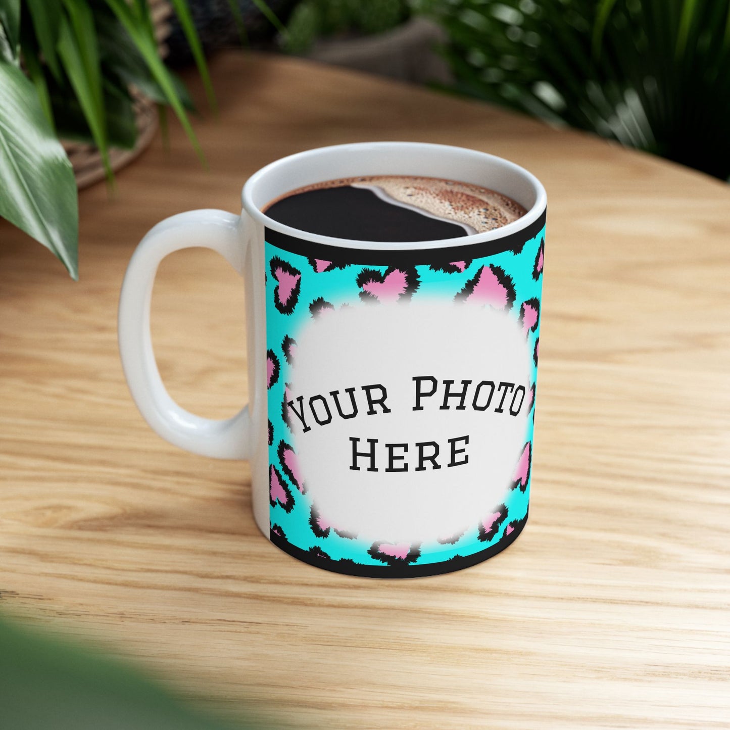 Personalized Turquoise Pink Leopard Heart Photo Mug (11oz/15oz)