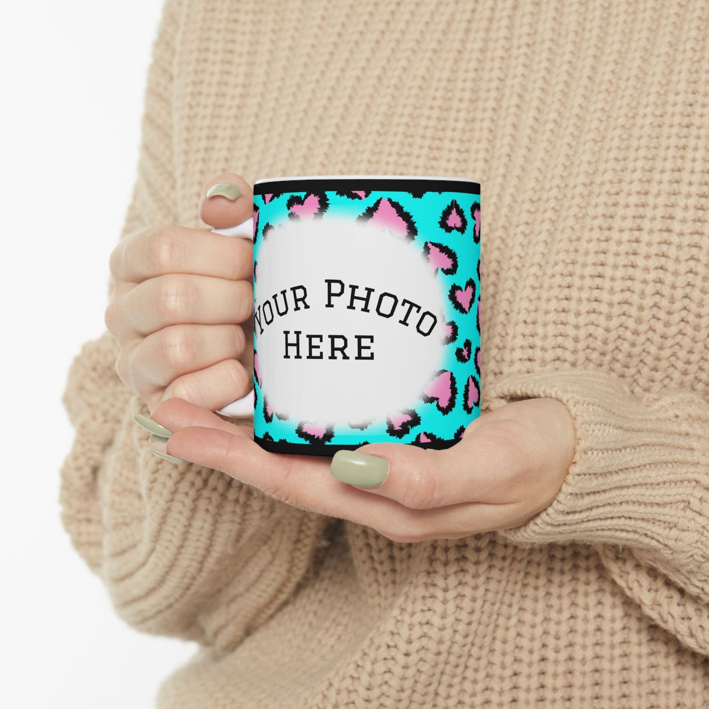 Personalized Turquoise Pink Leopard Heart Photo Mug (11oz/15oz)