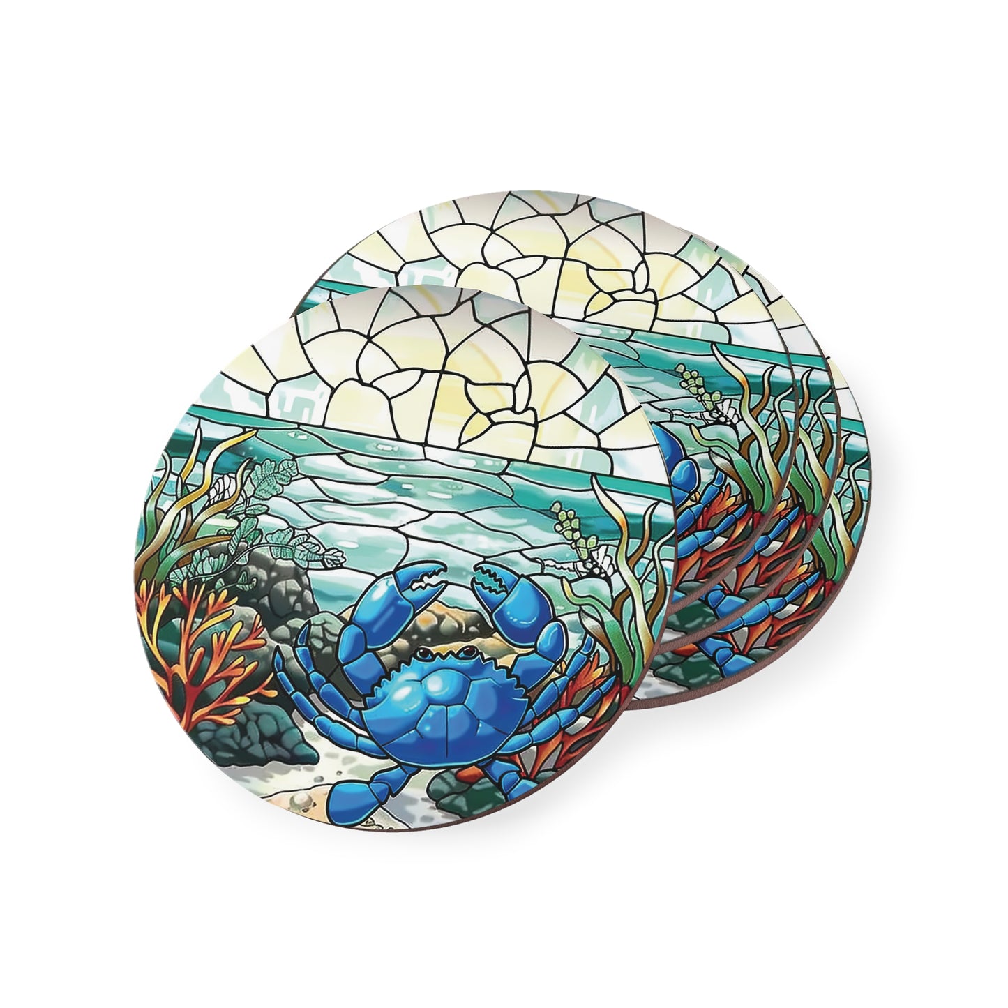 Blue Crabs Round Coasters, Corked Coasters, Stained Glass Design, Set of 1 or 4