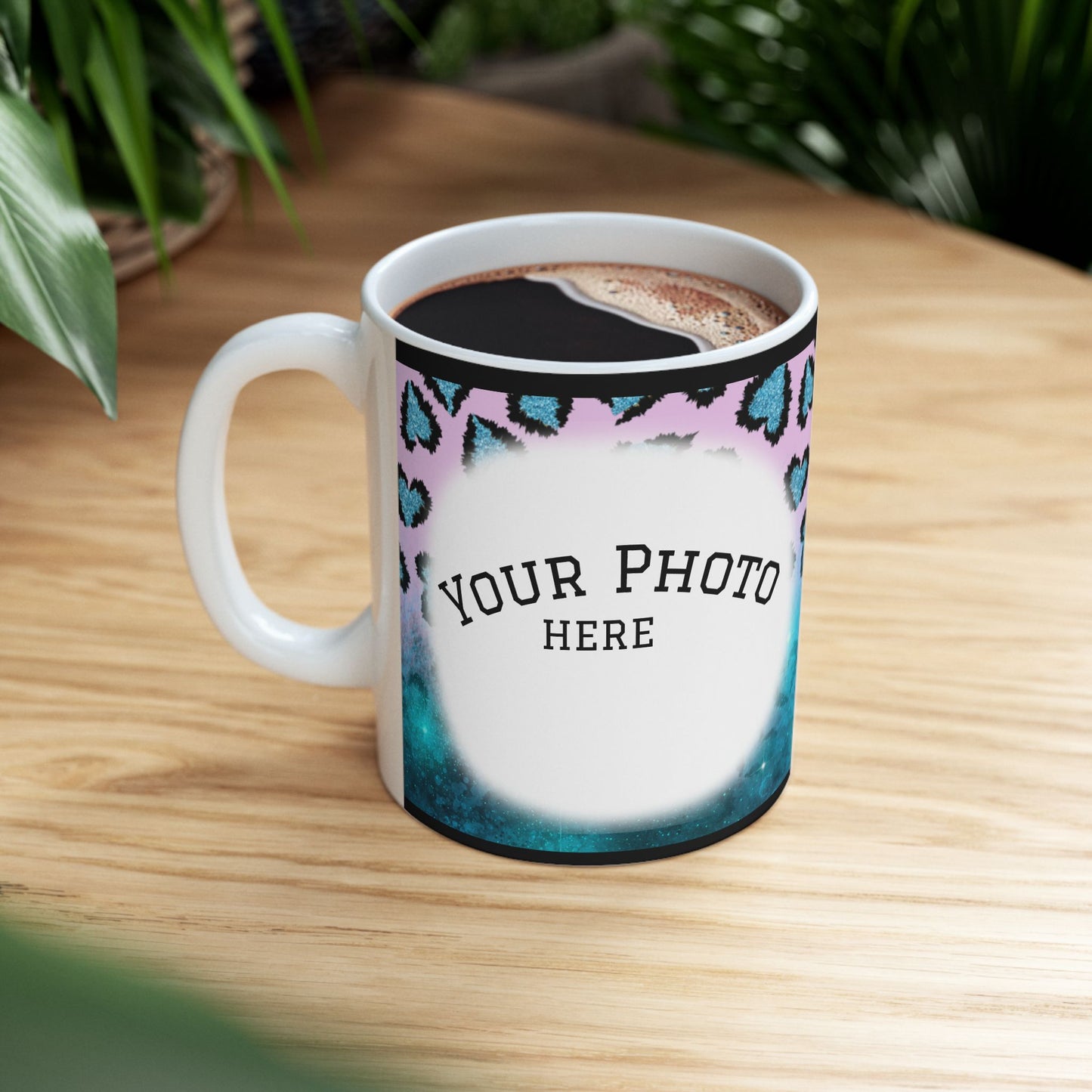 Personalized Heart Leopard Ceramic Mug — Custom Photo Coffee Cup (11oz/15oz)