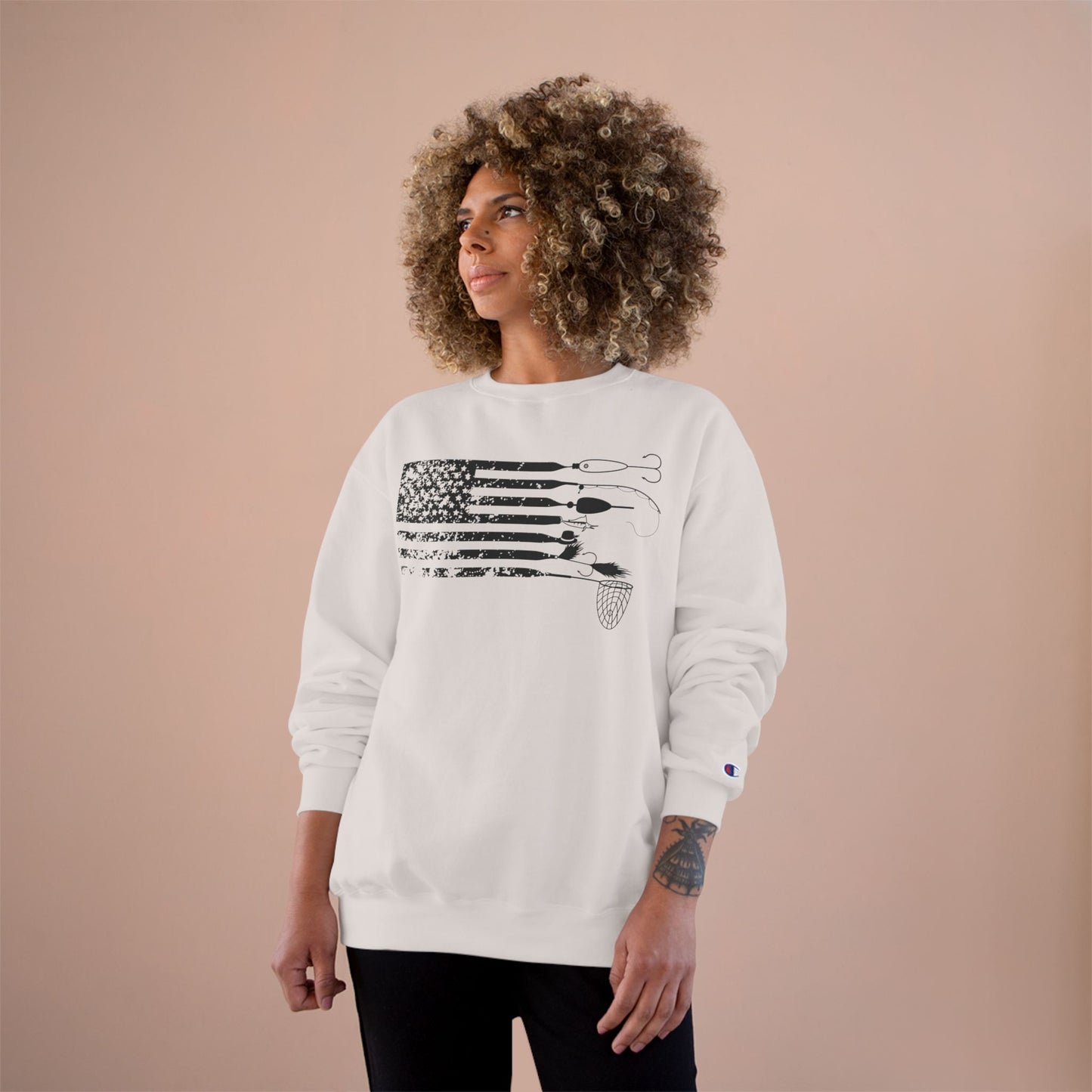 Distressed USA American Angler Lure Flag Top -  Champion Crewneck Top