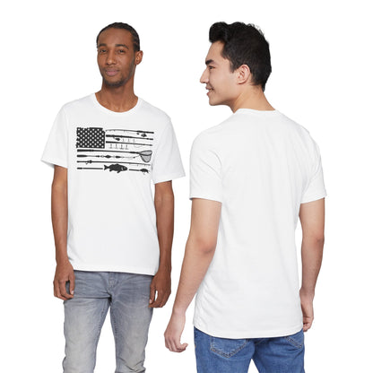 Fishing Gear American Flag T‑Shirt — Angler Rods & Lures Patriotic Tee