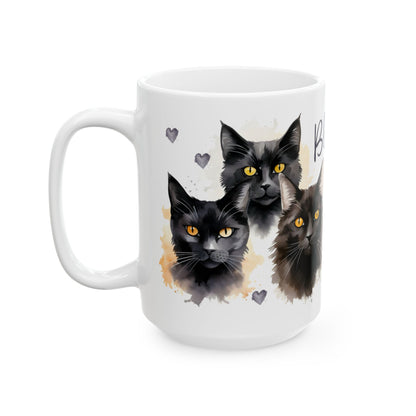 Cat Lover Coffee Mug - Black Cats Forever Ceramic Coffee Cup, 11oz & 15oz