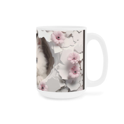 Cute White Kitten Ceramic Mug, Pink & Brown — Floral Peek-A-Boo Coffee Cup (11/15/20oz)
