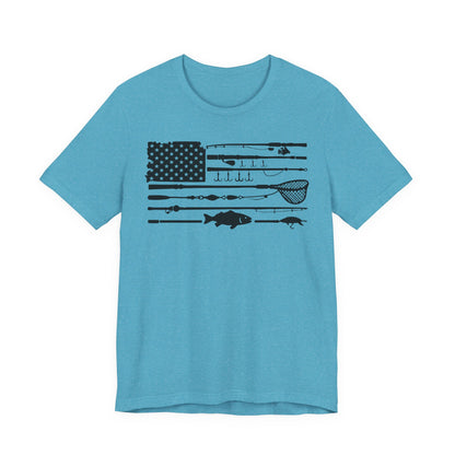 Fishing Gear American Flag T‑Shirt — Angler Rods & Lures Patriotic Tee
