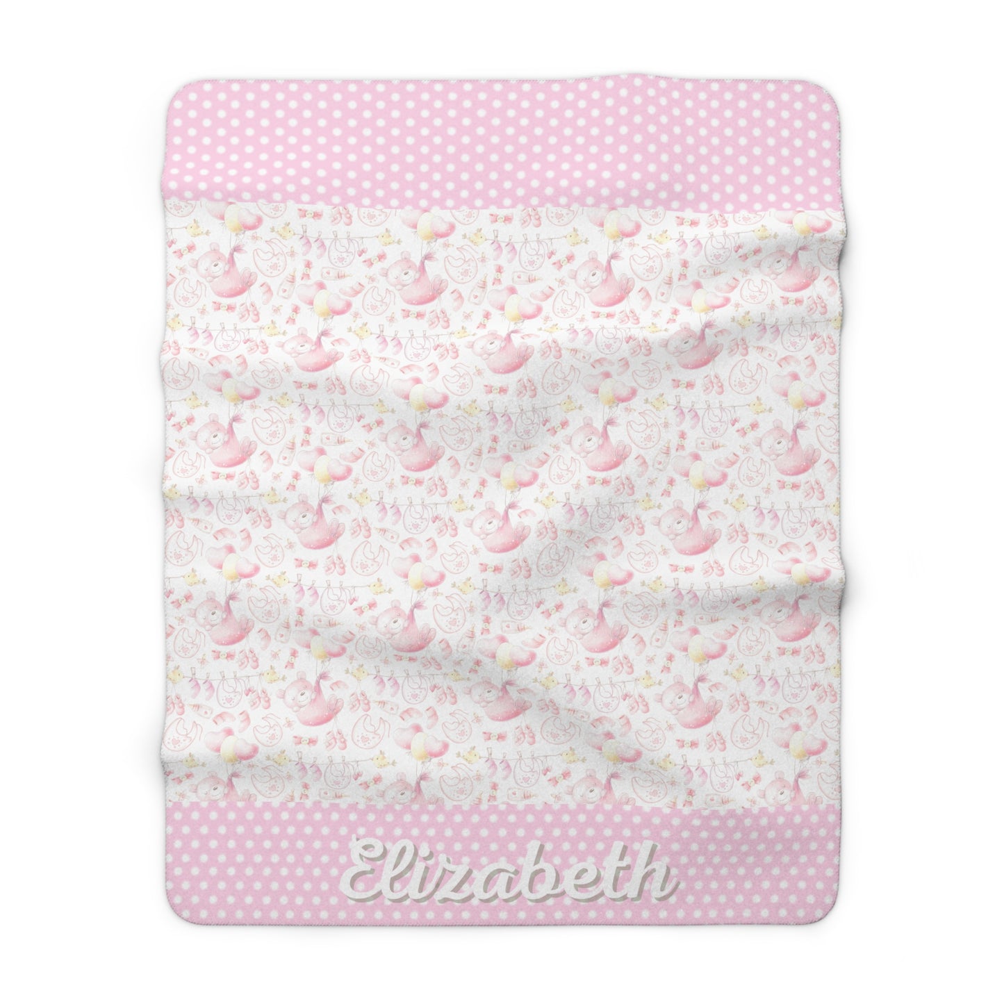 Little Girls Pink Blanket, Bears and Balloon's, White Backing, Polka Dot Trim, Personalized