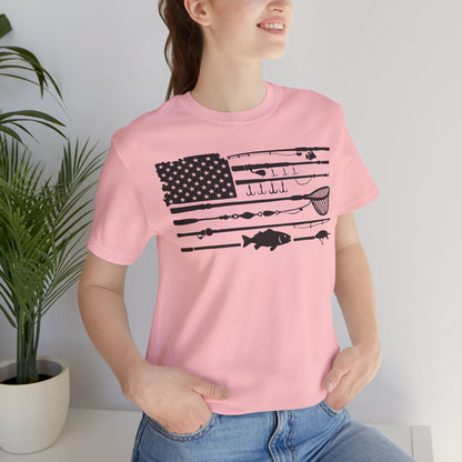 Fishing Gear American Flag T‑Shirt — Angler Rods & Lures Patriotic Tee