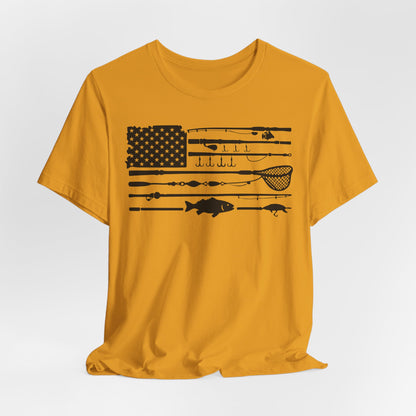 Fishing Gear American Flag T‑Shirt — Angler Rods & Lures Patriotic Tee