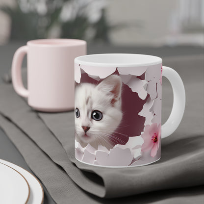 Cat Lover Coffee Cup- Cute Kitten Peeking Floral Ceramic Mug, Mauve (11/15/20oz)