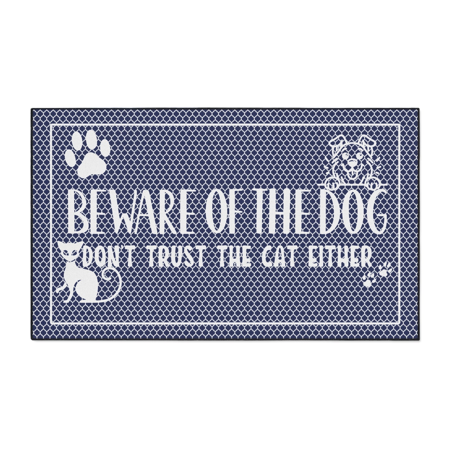 Welcoming Mat, Funny Quote 'Beware of Dog, Don't Trust the Cat Either' Navy Blue