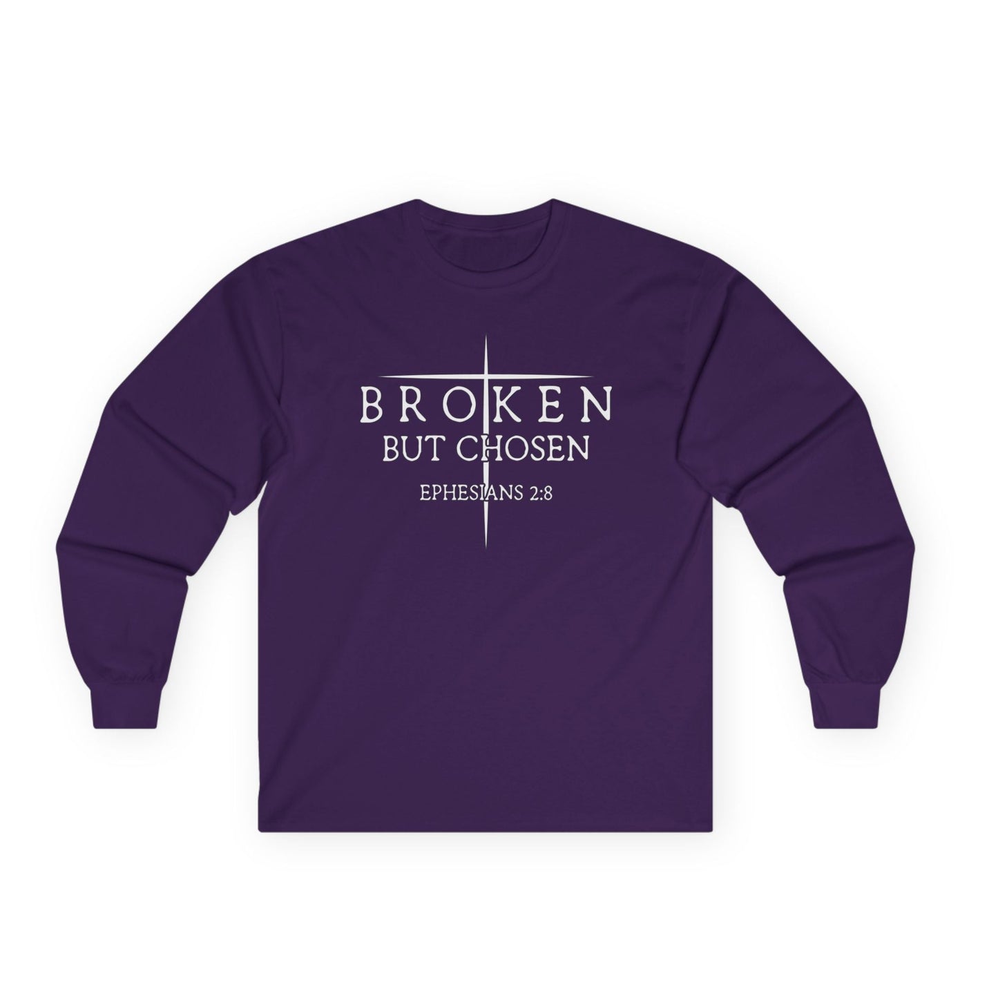 Purple long-sleeve shirt with 'Broken But Chosen Ephesians 2:8' text on a white background