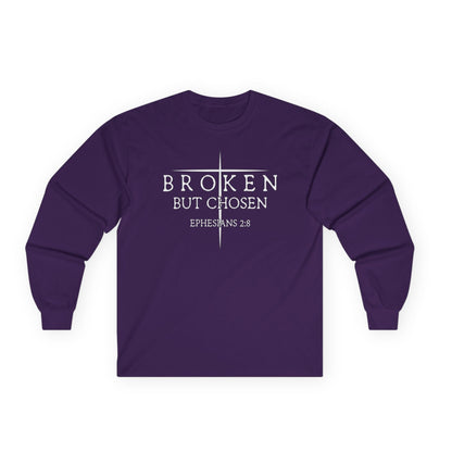 Purple long-sleeve shirt with 'Broken But Chosen Ephesians 2:8' text on a white background