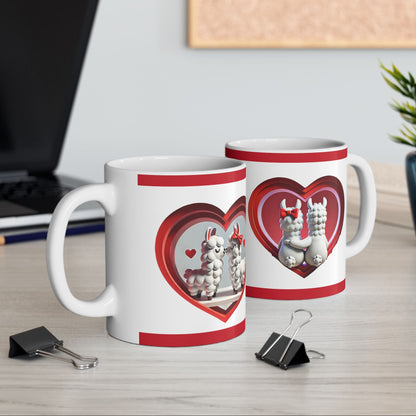 Two mugs with heart designs featuring cartoon llamas