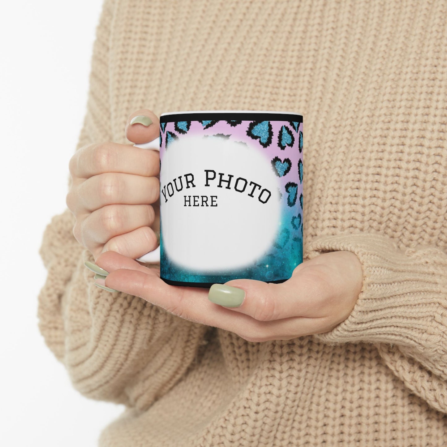 Personalized Heart Leopard Ceramic Mug — Custom Photo Coffee Cup (11oz/15oz)