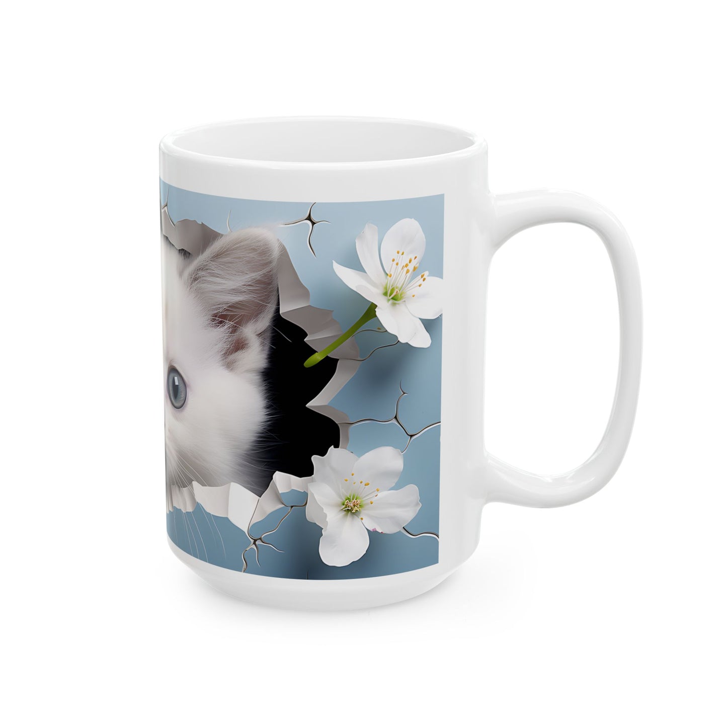 Cat Coffee Mug - Cute White Kitten Ceramic Mug, Blue, 11oz & 15oz