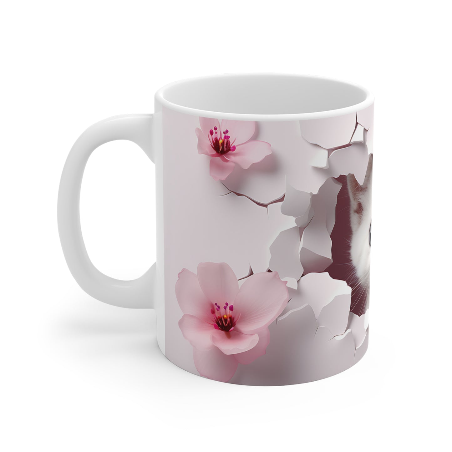 Cat Lover Coffee Cup- Cute Kitten Peeking Floral Ceramic Mug, Mauve (11/15/20oz)