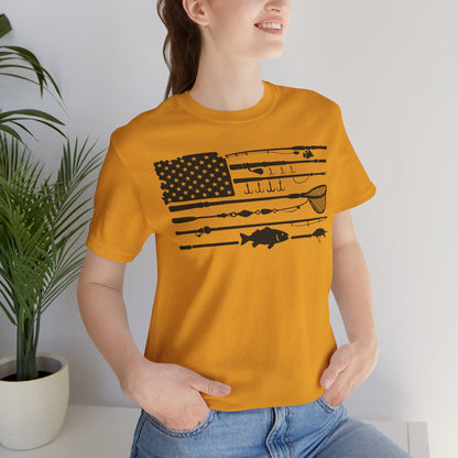 Fishing Gear American Flag T‑Shirt — Angler Rods & Lures Patriotic Tee