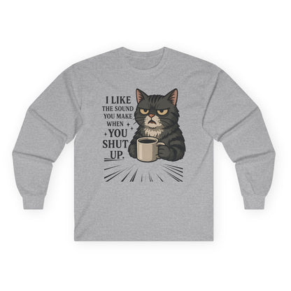 Gray sweatshirt with a cat graphic and text on a white background
