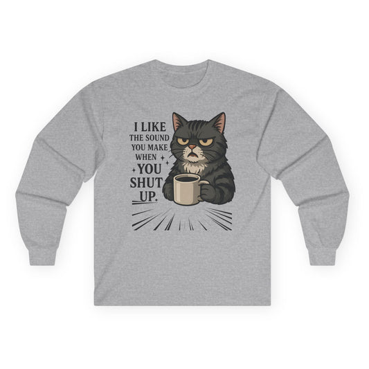Gray sweatshirt with a cat graphic and text on a white background
