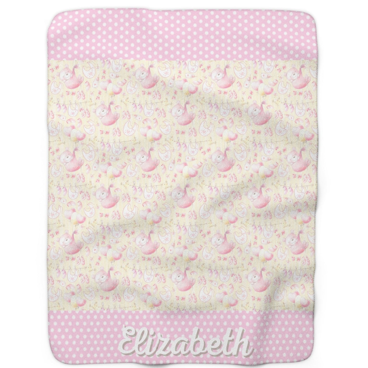 Girls Pink Blanket Personalized, with Polka Dot Trim, and whimsical Teddy Bears and Balloon's, Yellow Backing