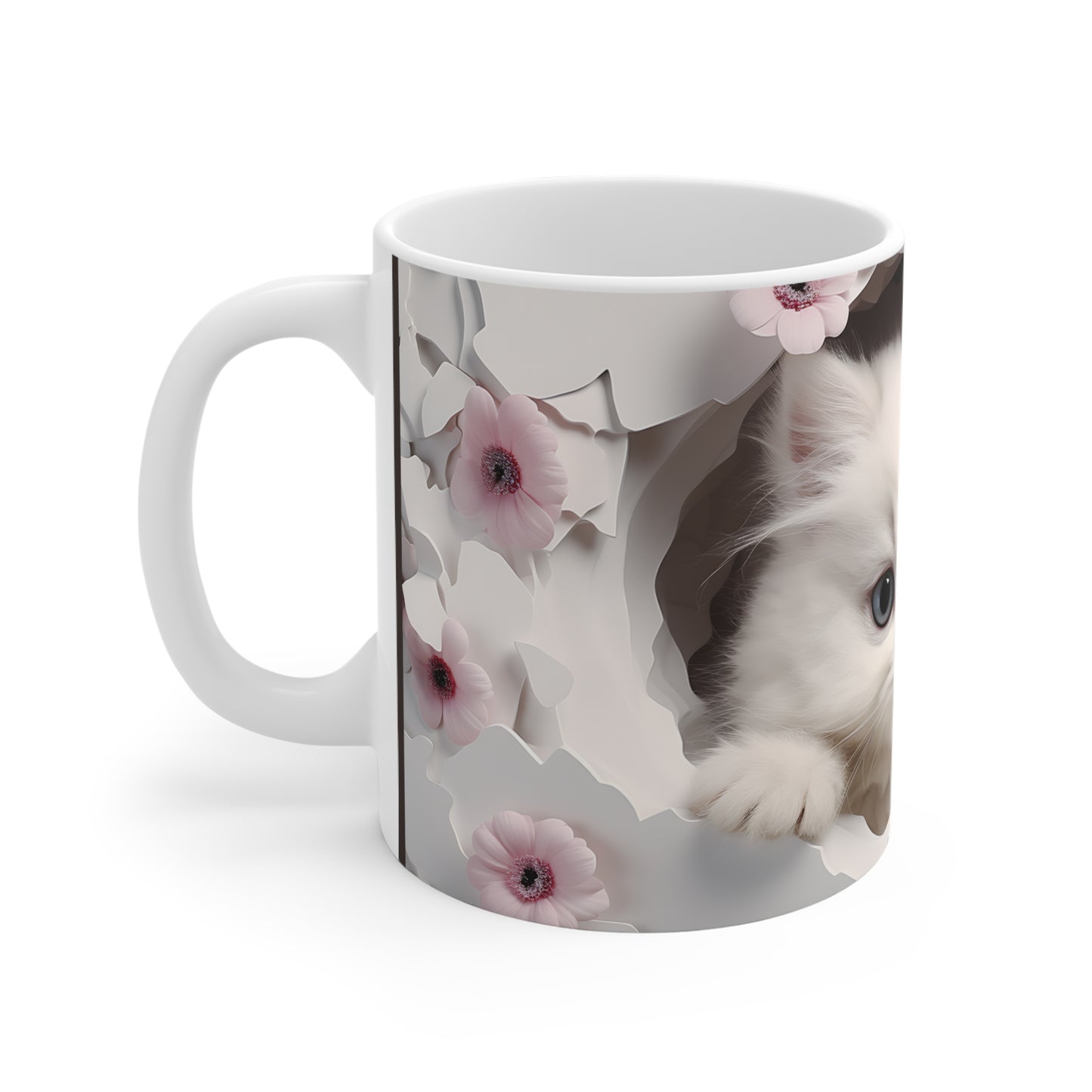 Cute White Kitten Ceramic Mug, Pink & Brown — Floral Peek-A-Boo Coffee Cup (11/15/20oz)