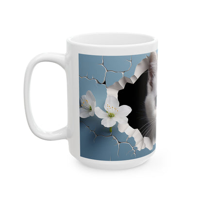 Cat Coffee Mug - Cute White Kitten Ceramic Mug, Blue, 11oz & 15oz