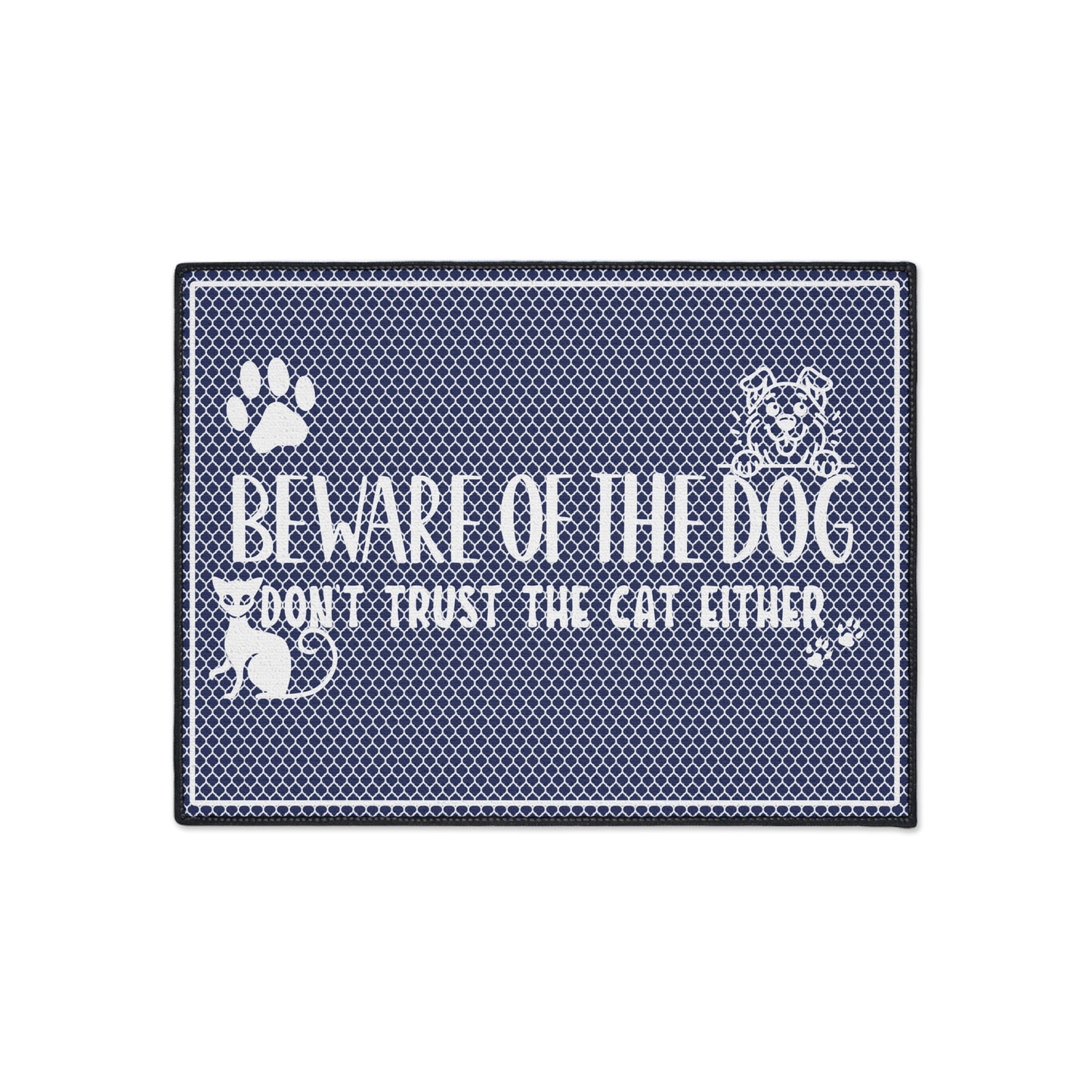 Welcoming Mat, Funny Quote 'Beware of Dog, Don't Trust the Cat Either' Navy Blue