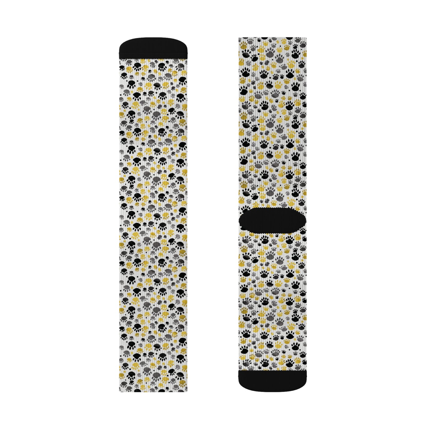 Paw Print Socks, Cute Stylish Animal Print Socks, White Backing with Black, Yellow, Gray Paw Print Pattern, 3 Sizes Available