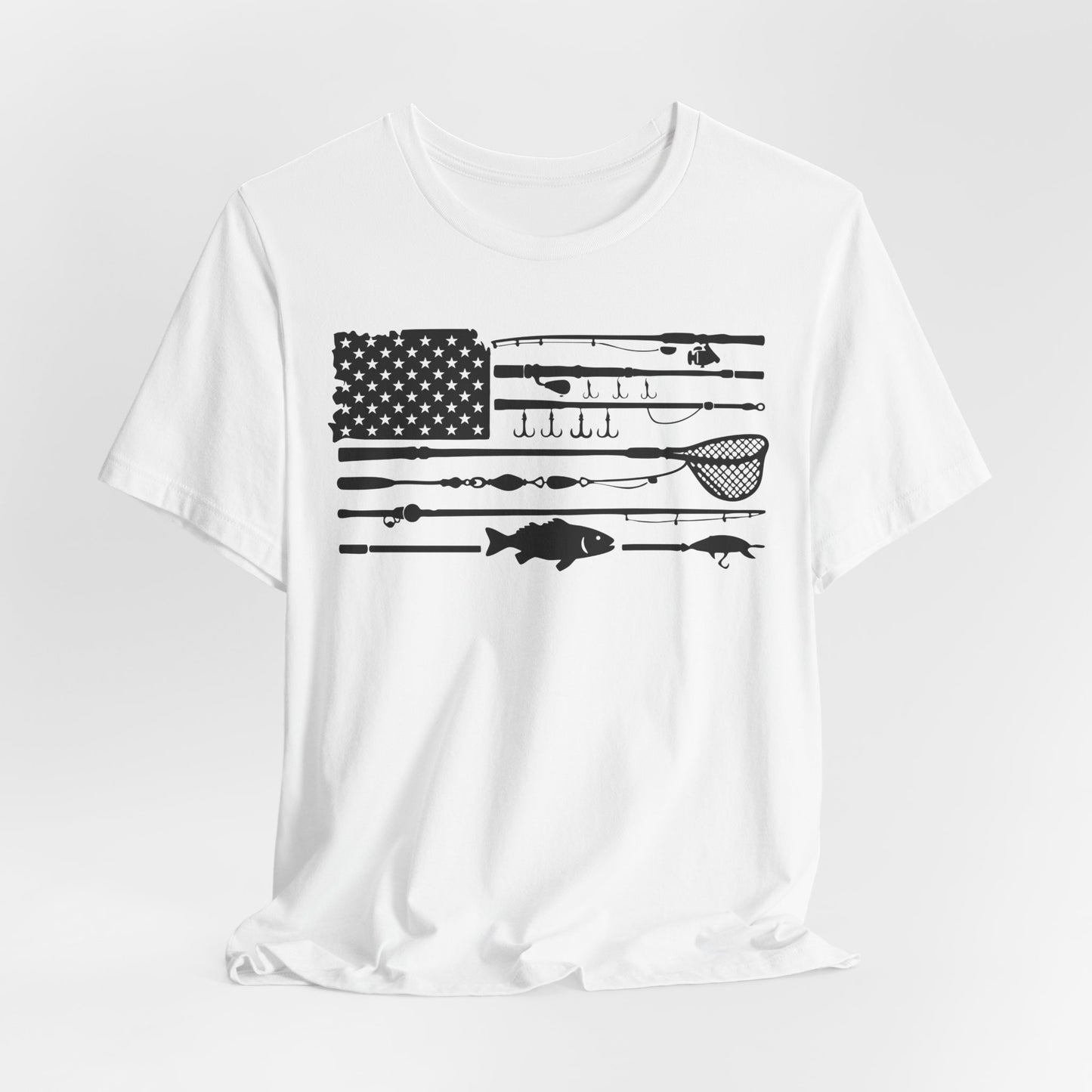 Fishing Gear American Flag T‑Shirt — Angler Rods & Lures Patriotic Tee