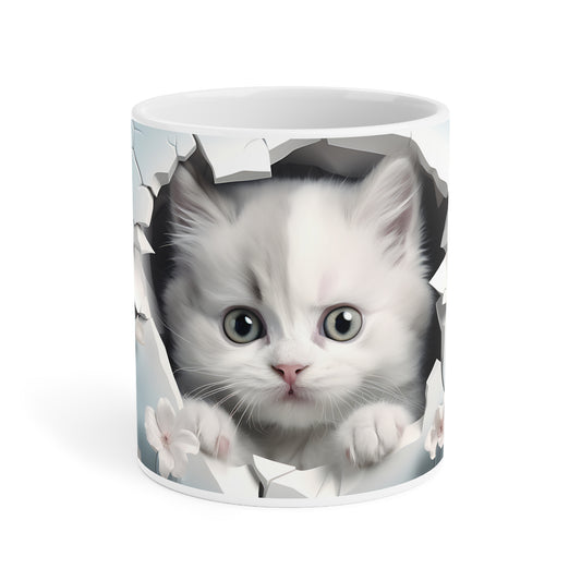 Cat Coffee Cup - Kitten & Cherry Blossom Ceramic Mug, Baby Blue (11/15/20oz)