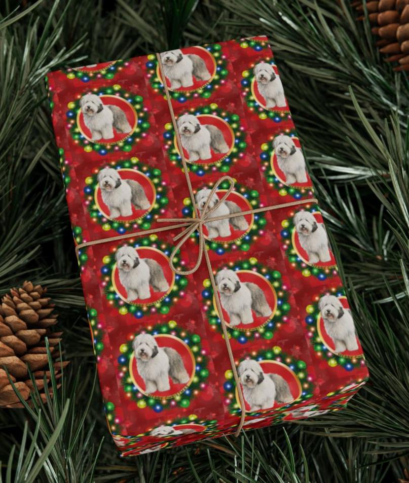 Christmas Wrapping Paper, Old English Sheepdog Wreath Wishes