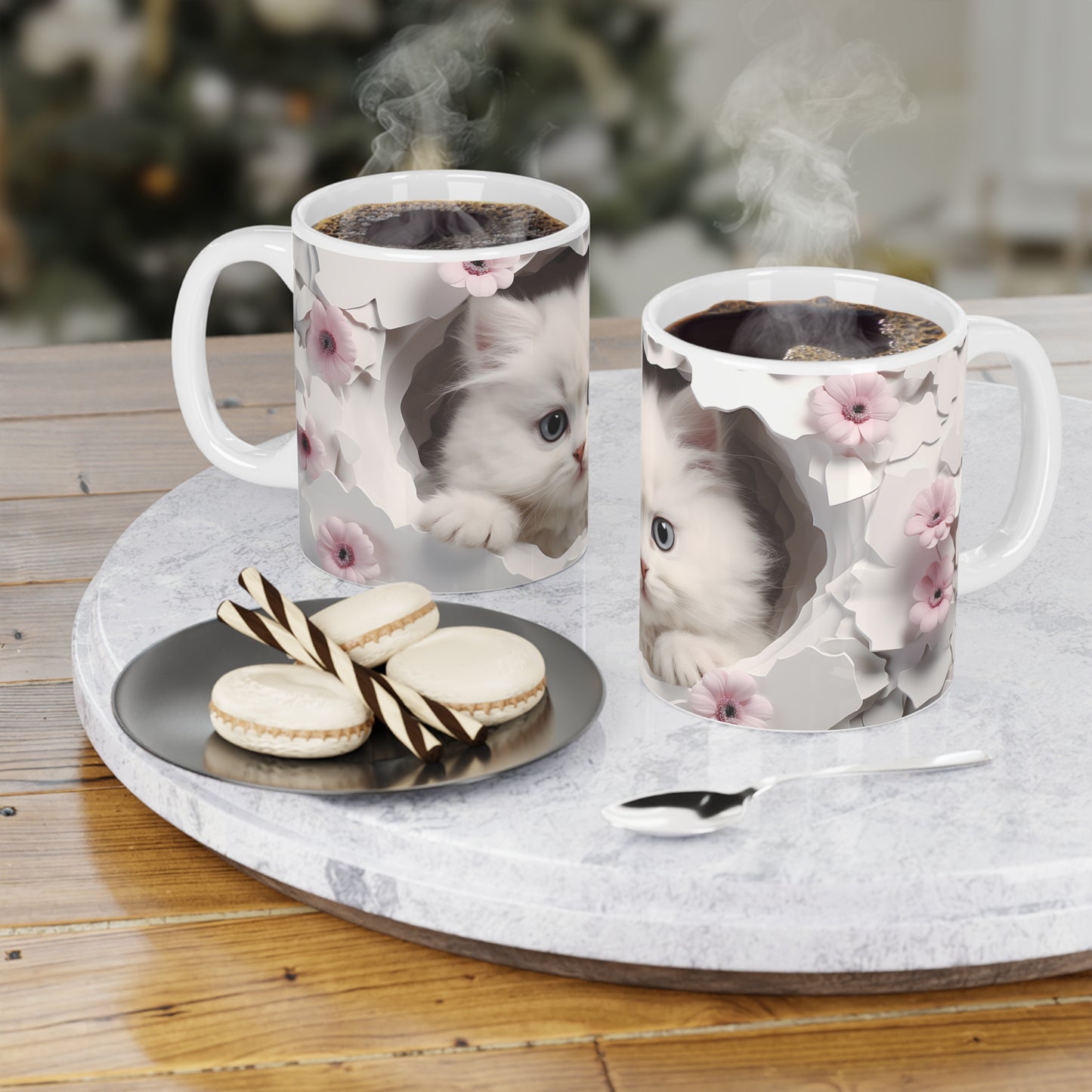 Cute White Kitten Ceramic Mug, Pink & Brown — Floral Peek-A-Boo Coffee Cup (11/15/20oz)